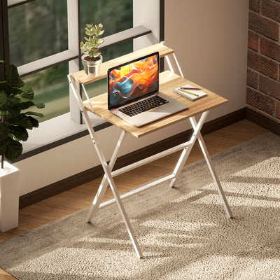 HOMCOM 70 cm Folding Computer Desk with Monitor Shelf - Natural Wood Finish 