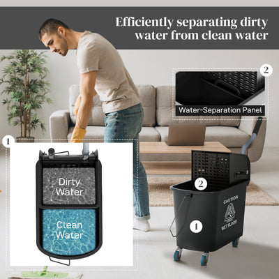 HOMCOM 20L Mop Bucket on Wheels, with Water Separation Panel - Black 
