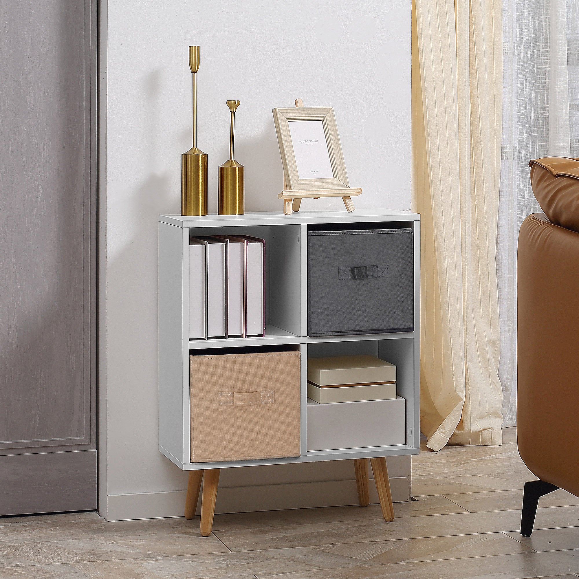 HOMCOM Freestanding 4 Cube Unit Cabinet Unit w/ 3 Fabric Drawers Handles Home Office Storage Shelves 