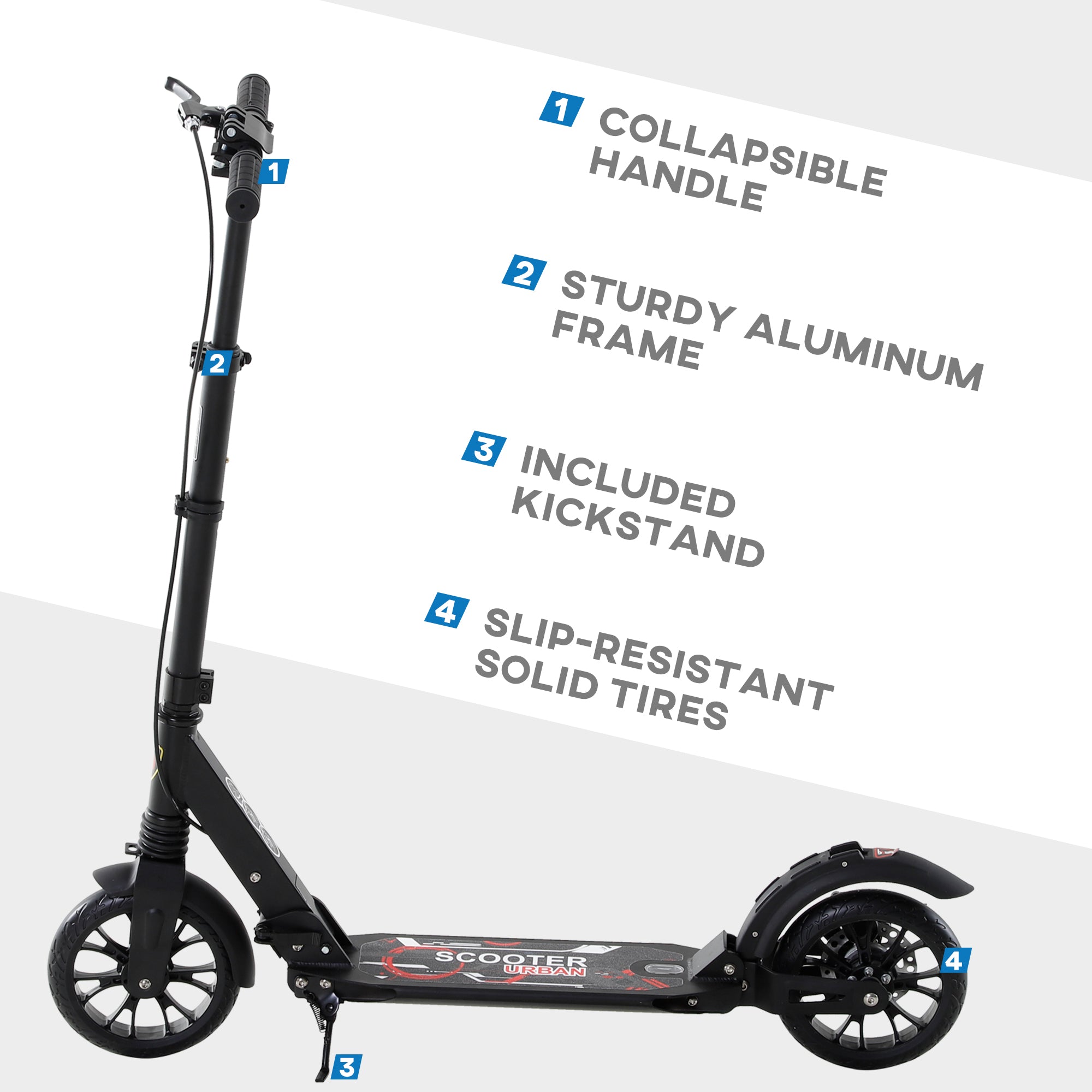 HOMCOM Adult Teens Kick Scooter Foldable Height Adjustable Aluminium Ride On Toy for 14+ w/ Rear Wheel & Hand Brake, 200mm Big Wheels, Shock Mitigation System - Black 