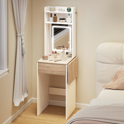 HOMCOM Small Vanity Desk with Mirror and LED Lights, Compact Dressing Table with Drop Leaf, Open Shelves and Drawer, White 