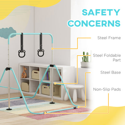 HOMCOM Adjustable Height, Foldable Kids Gymnastics Bar w/ Non-slip Rubber Floor Rings, for 3+ Years, Green 