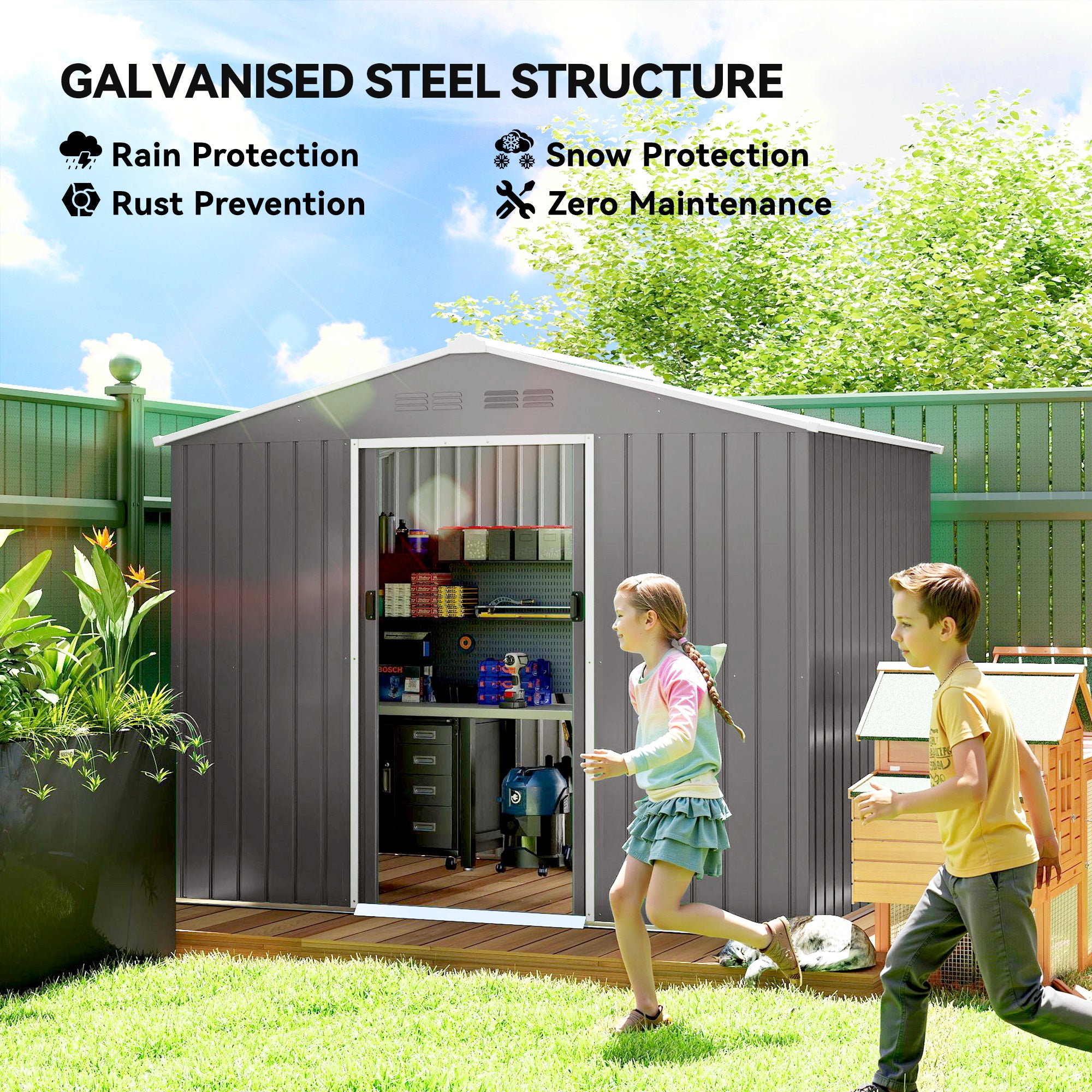 Outsunny 8 x 6ft Galvanised Steel Shed, with Double Door - Light Grey 