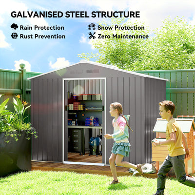 Outsunny 8 x 6ft Galvanised Steel Shed, with Double Door - Light Grey 