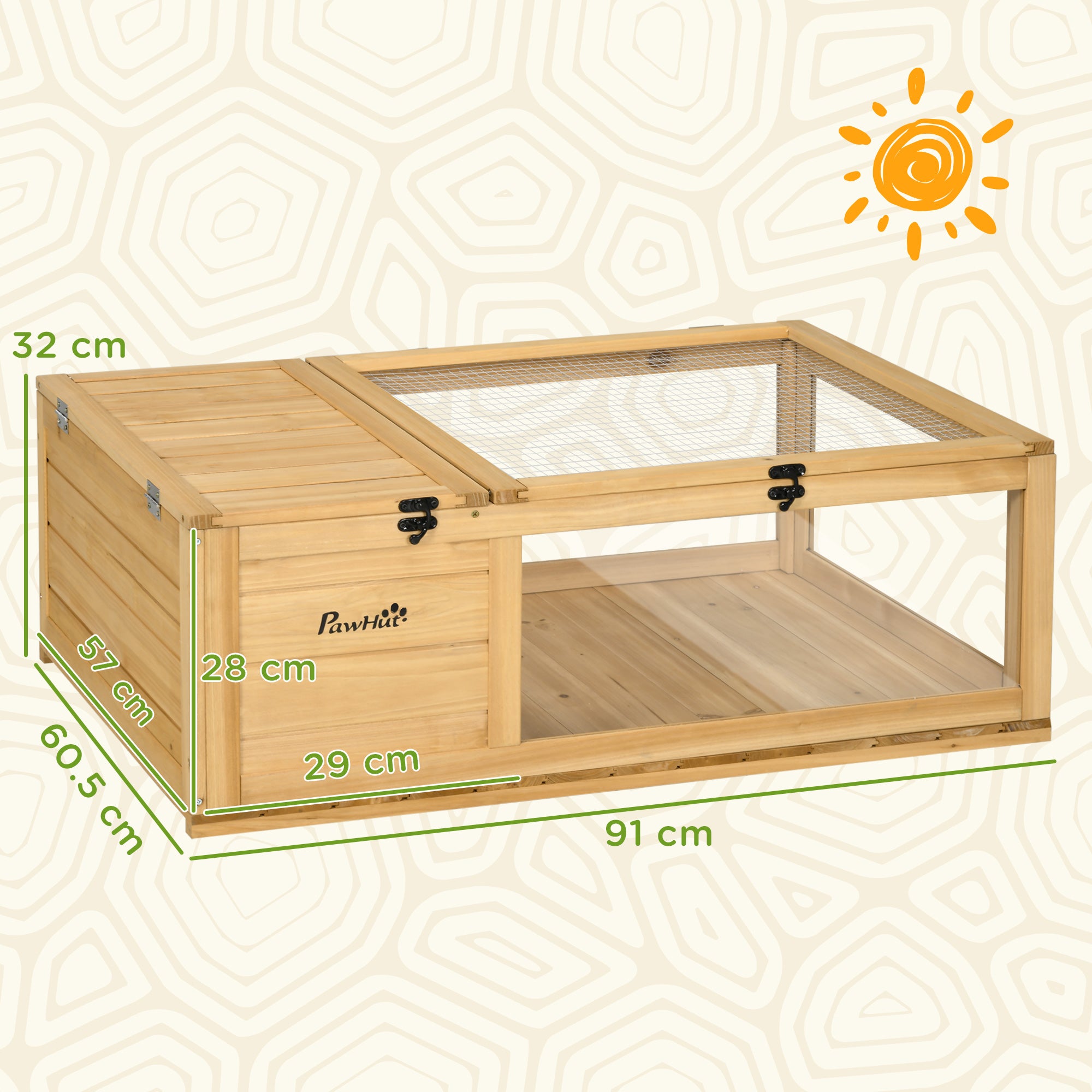 PawHut Tortoise House, Small Reptile Wooden House, with Mesh Roofs, Side Panels, for Turtles, Lizards, Geckos and Snakes