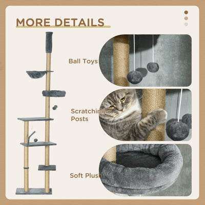 PawHut Floor to Ceiling Cat Tree for Indoor Cats, 6-Tier Play Tower Climbing Activity Center with Scratching Post, Platforms, Bed, Hammock, Adjustable Height 230-250cm, Grey 