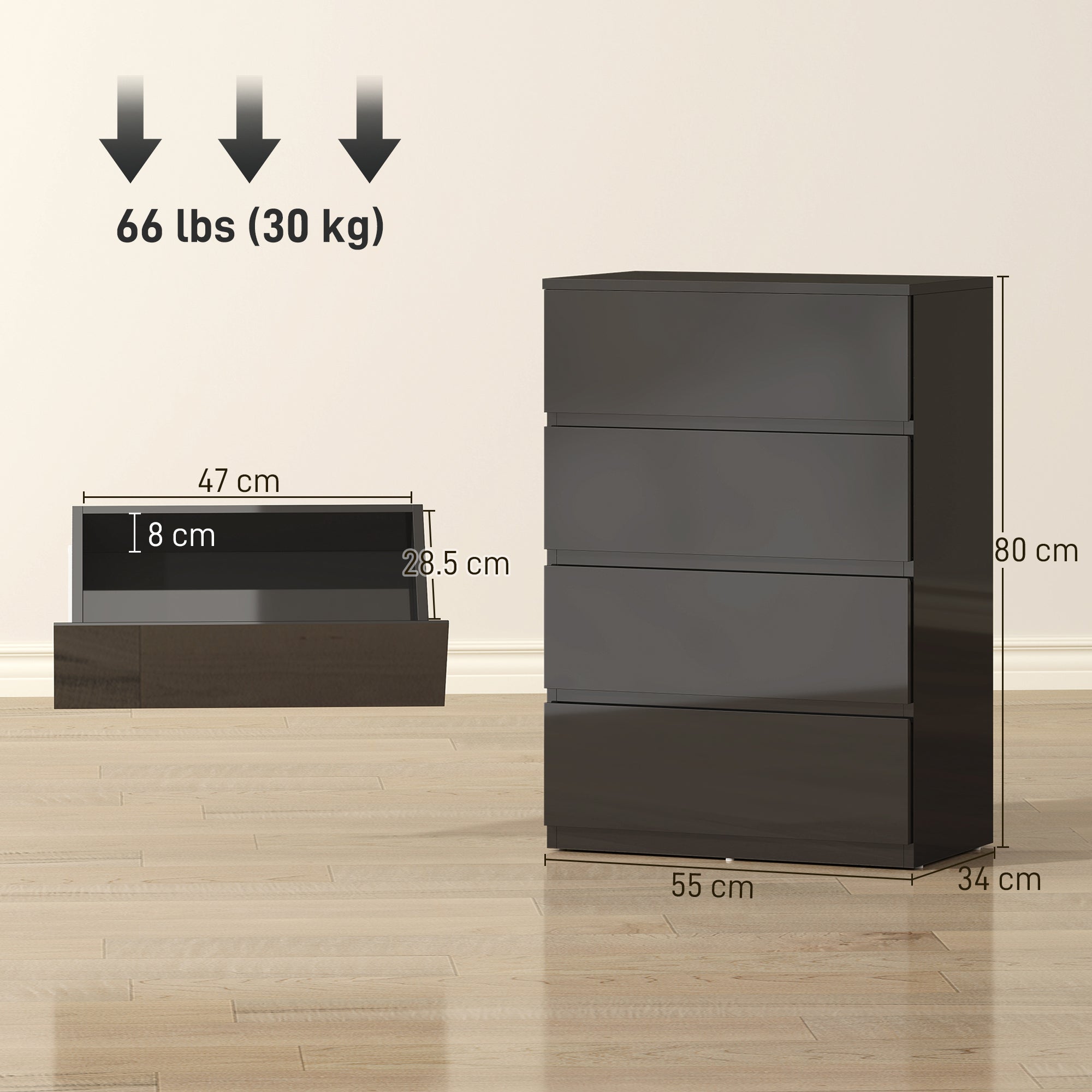 HOMCOM Chest of Drawers, 4-Drawer Storage Cabinets, Modern Dresser, Storage Drawer Unit for Bedroom 