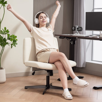 HOMCOM Armless Office Chair No Wheels, Linen Fabric Criss Cross Legged Desk Chair with Wide Seat, Thick Padding, Tilt Function, Height Adjustable Swivel Computer Seat for Home, Cream 