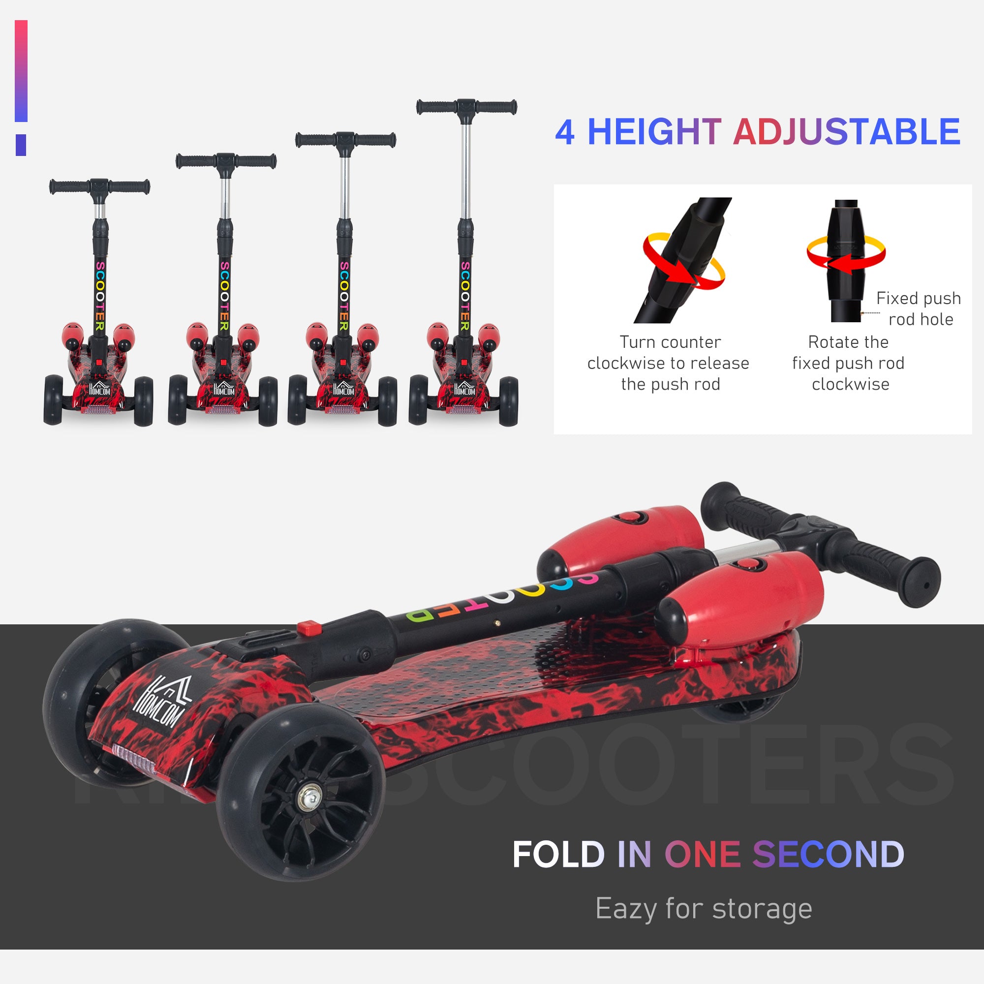 HOMCOM Kids Scooter, 3 Wheel Foldable Kick Scooter Adjustable Height w/ Flashing Wheels, Music, Water Spray for 3-6 Years, Red 