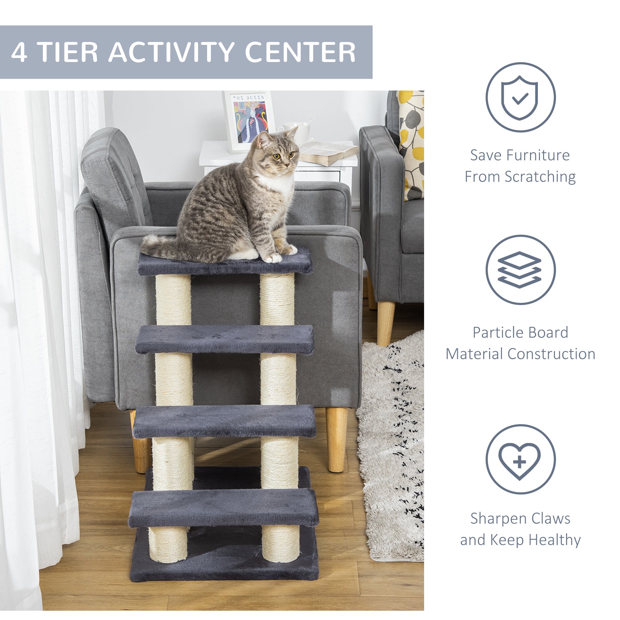 PawHut Dog Steps for Bed 4 Step Pet Stairs for Dog Cat ladder Scratch Post Grey 