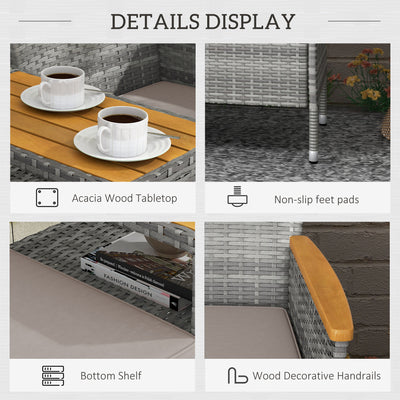 Outsunny Two-Seat Rattan Loveseat, with Wood-Top Middle Table - Grey 