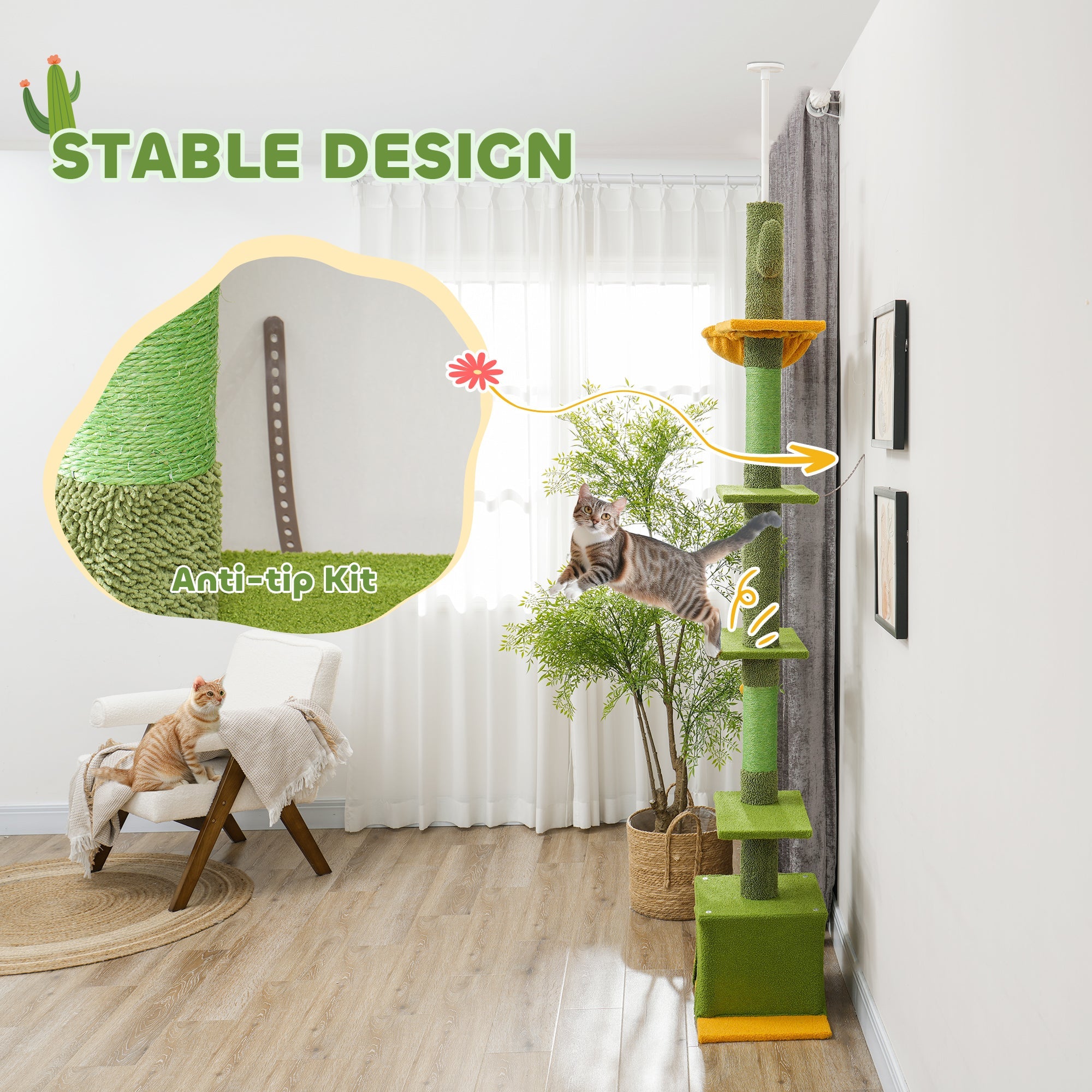 PawHut 230-275cm Floor-to-Ceiling Adjustable Cat Tree with Scratching Posts, Hammock 