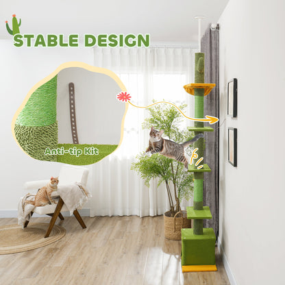 PawHut 230-275cm Floor-to-Ceiling Adjustable Cat Tree with Scratching Posts, Hammock 