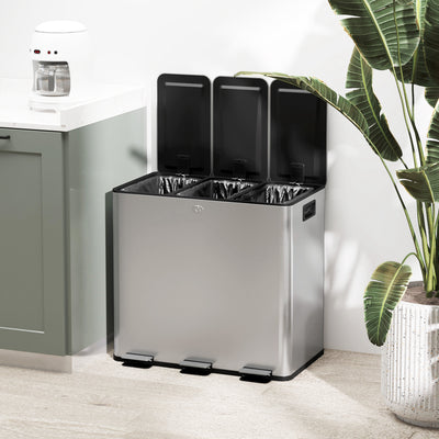 HOMCOM 3 x 15L Pedal Bin, Steel Triple Kitchen Bin with Soft Close Lid, Removable Inner Buckets, Fingerprint-Proof, Silver 