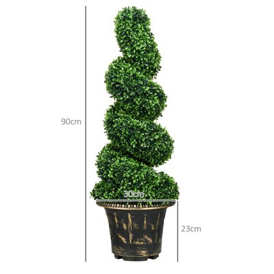HOMCOM Set of 2 Artificial Plants, Topiary Spiral Boxwood Trees with Pot, for Home Indoor Outdoor Decor, 90cm 