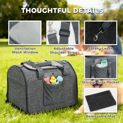 PawHut Soft Sided Cat Carrier Bag, Portable Foldable Pet Carrier with Shoulder Strap & Removable Mat for Small Pet Up to 10kg 