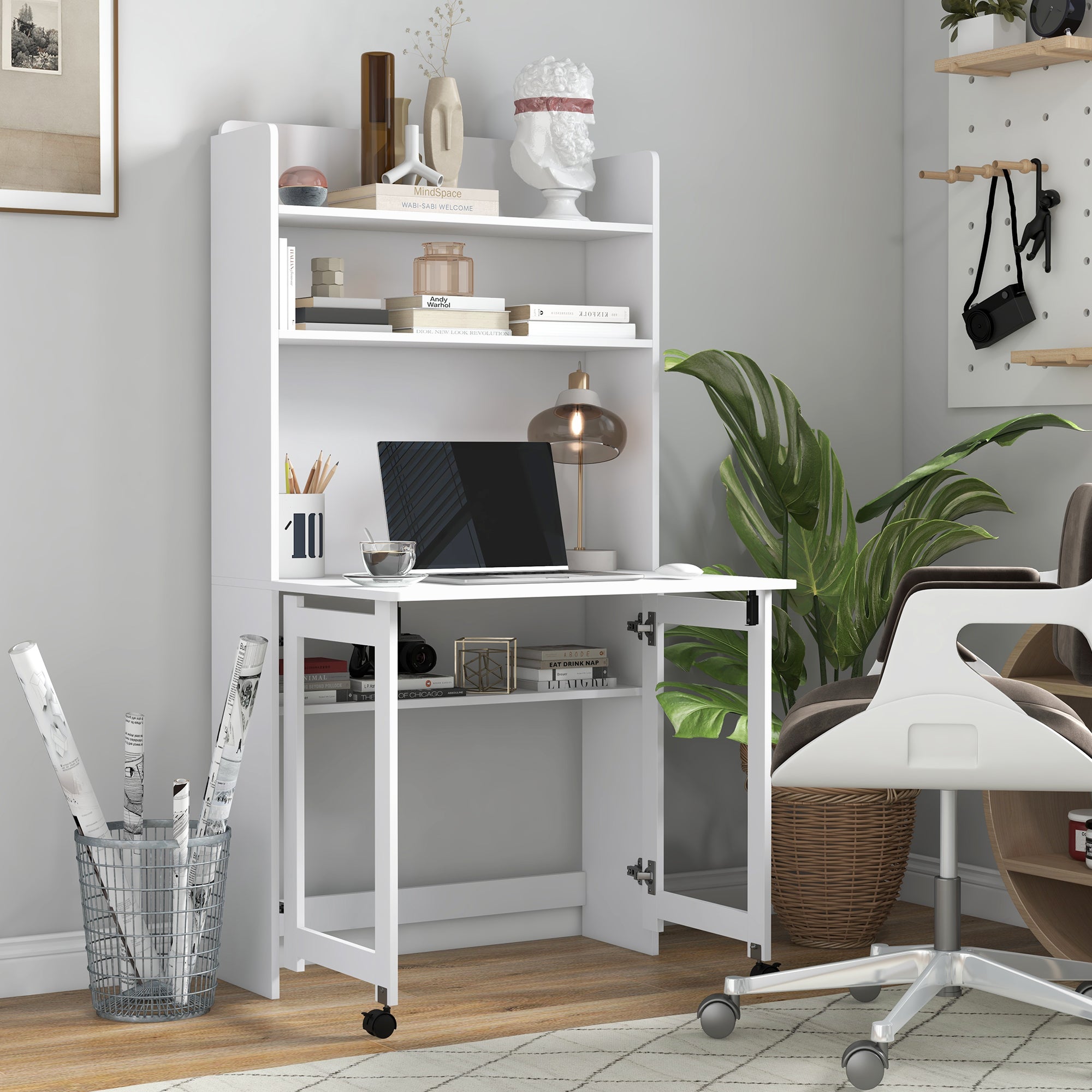 HOMCOM Foldable Desktop, Computer Desk with Storage Shelves, 80 x 69 x 155 cm, White 