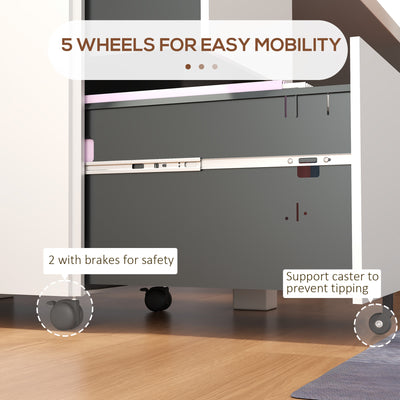 Vinsetto 2-Drawer Vertical Filing Cabinet with Lock and 5 Wheels, Steel Mobile File Cabinet, for A4, Legal and Letter Size, Pre-Assembled Body, White 