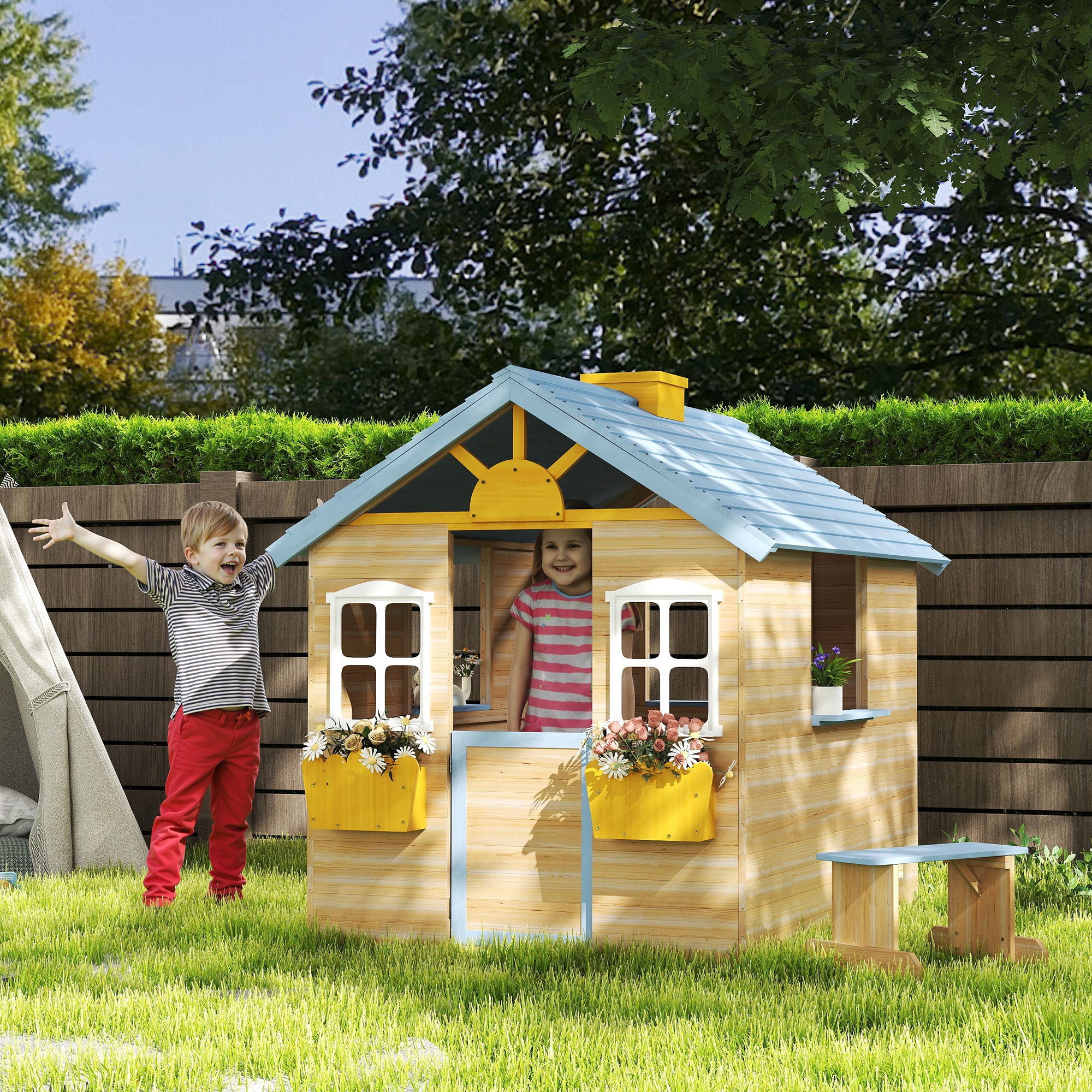 Outsunny Wooden Playhouse, Wendy House w/ Door, Bench, Flowerpot Holder, For Ages 3-7 Years, Blue 
