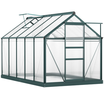 Outsunny 6 x 10ft Polycarbonate Greenhouse, Large Walk-In Green House with Slide Door and Window, Garden Plants Grow House with Aluminium Frame and Foundation, Dark Green 