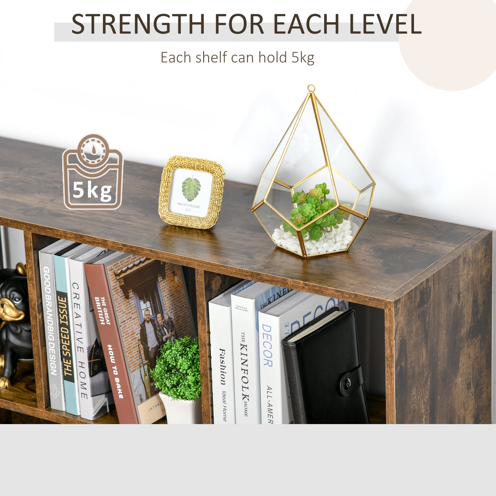 HOMCOM 3-Tier Bookcase, Storage Shelf Unit with Open Compartments, for Living Room, Bedroom, Office, Divider, 97.5 x 30 x 100 cm, Rustic Brown 