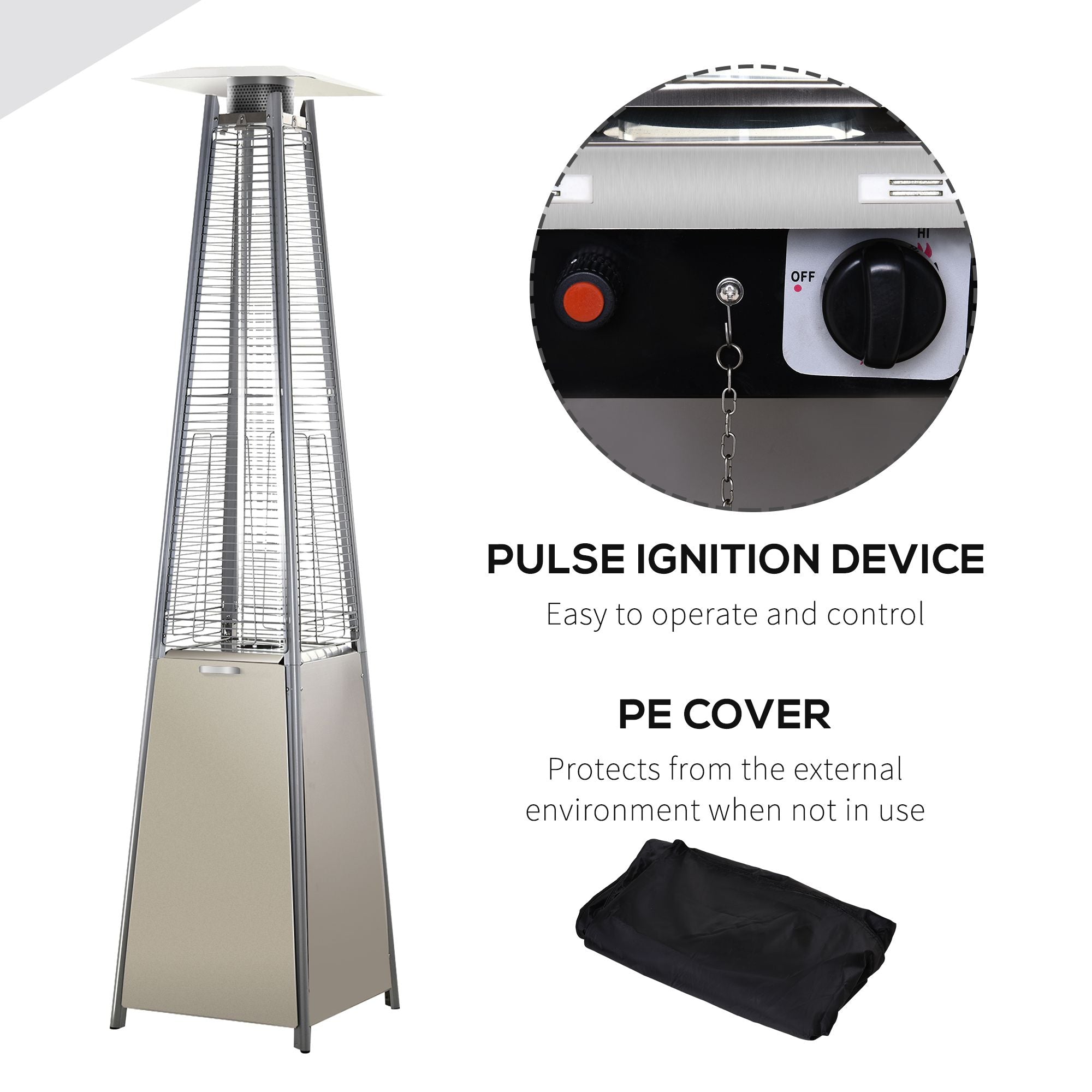 Outsunny Stainless Steel Outdoor Garden Pyramid Patio Heater with Wheels and Rain Cover - Silver 