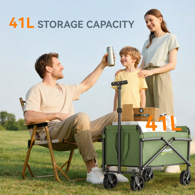 Outsunny 41L Festival Trolley on Wheels, Small Garden Folding Trolley Cart, 60kg Heavy Duty Collapsible Folding Wagon with Adjustable Handle and Carrying Bag for Beach, Camping, Festival, Green 