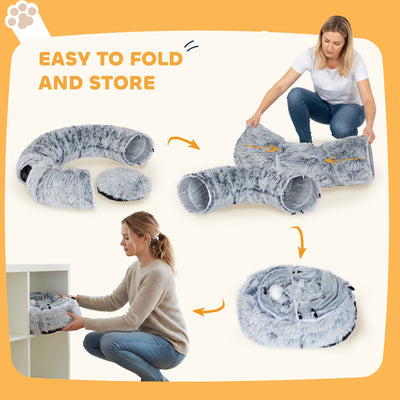 PawHut 2-in-1 Donut Cat Tunnel with Washable Bed, Play Tunnel Bed with Toy Ball and Door Hole for Indoor Cats, Light Grey 