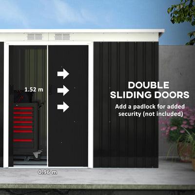 Outsunny 9ft x 4ft Metal Garden Shed, Outdoor Tool House with Foundation Kit, Ventilations and Double Doors, Dark Grey 