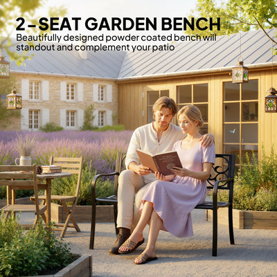 Outsunny Metal Garden Bench with Floral Backrest and Armrests - Black 