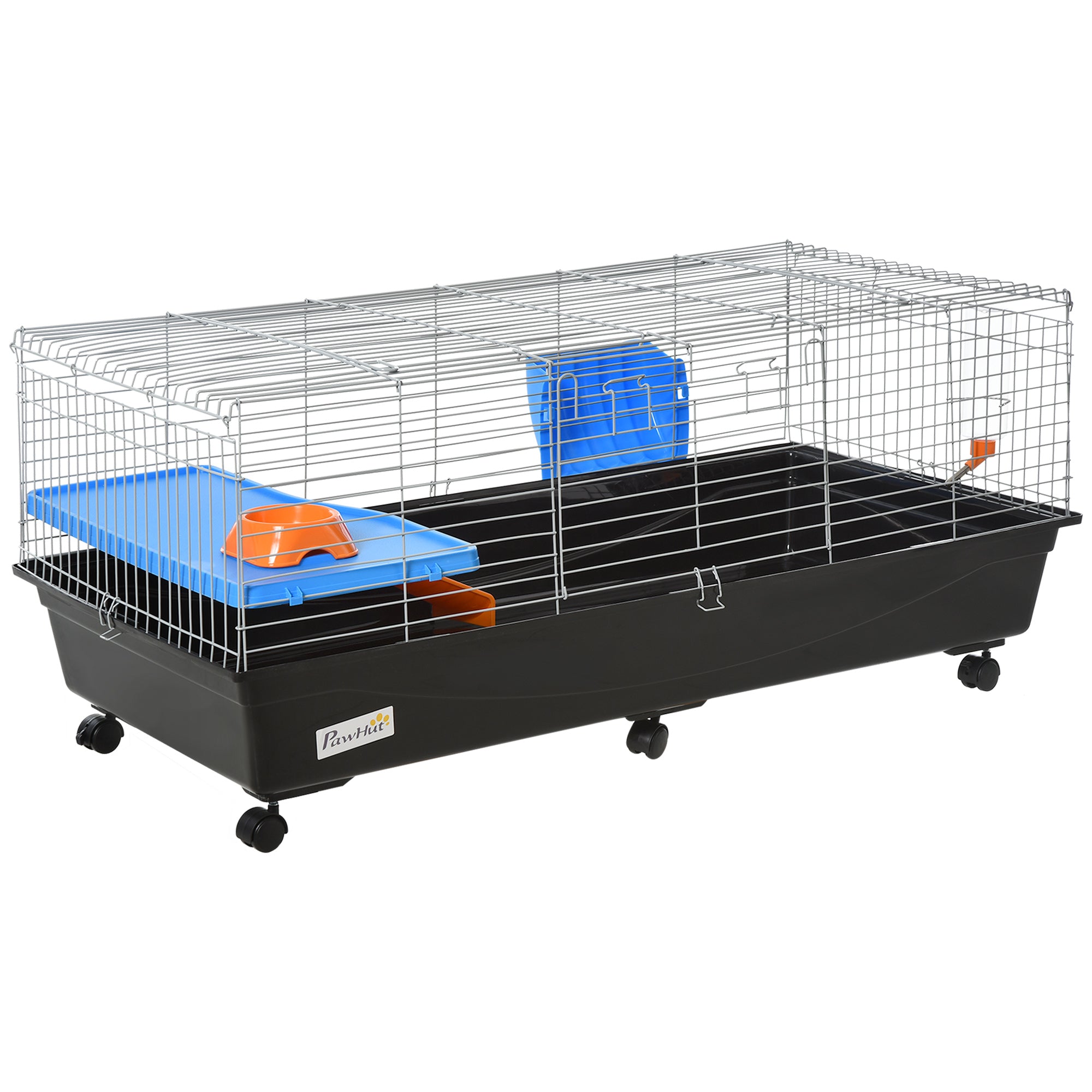 PawHut Small Animal Cage Rabbit Guinea Pigs Chinchillas Cage w/ Wheels Water Bottle Food Dish Platform Ramp 119 x 59 x 50 cm Black 