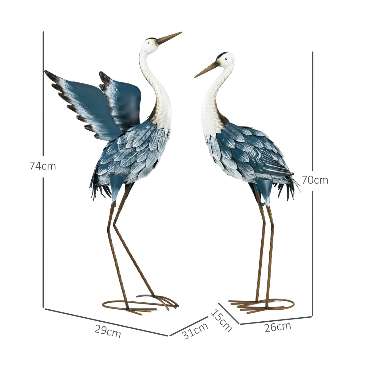 Outsunny Heron Garden Statues, Standing Garden Ornament, Metal Garden Gift with Stakes, Blue & White 