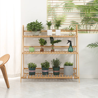 Outsunny 3-Tier Plant Stand, Plant Shelf Rack, Folding Bamboo Display Stand, 98x37x96.5cm, Natural 