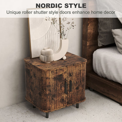 HOMCOM Bedside Table, Nordic Side Table with Roller Shutter Style Sliding Doors and Metal Legs for Bedroom, Living Room, Rustic Brown
