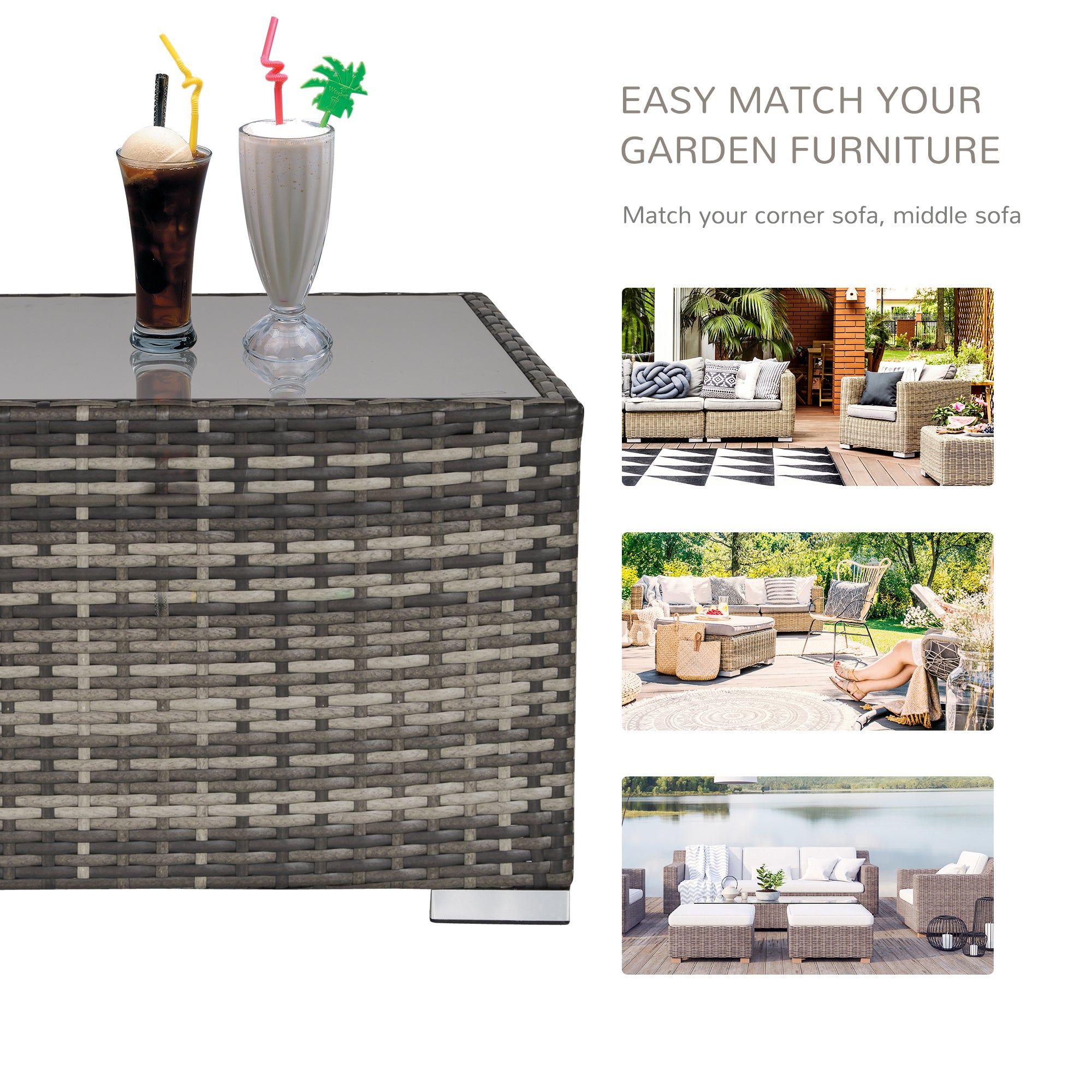 Outsunny Square PE Wicker Rattan Table with Glass Top - Dark Grey 