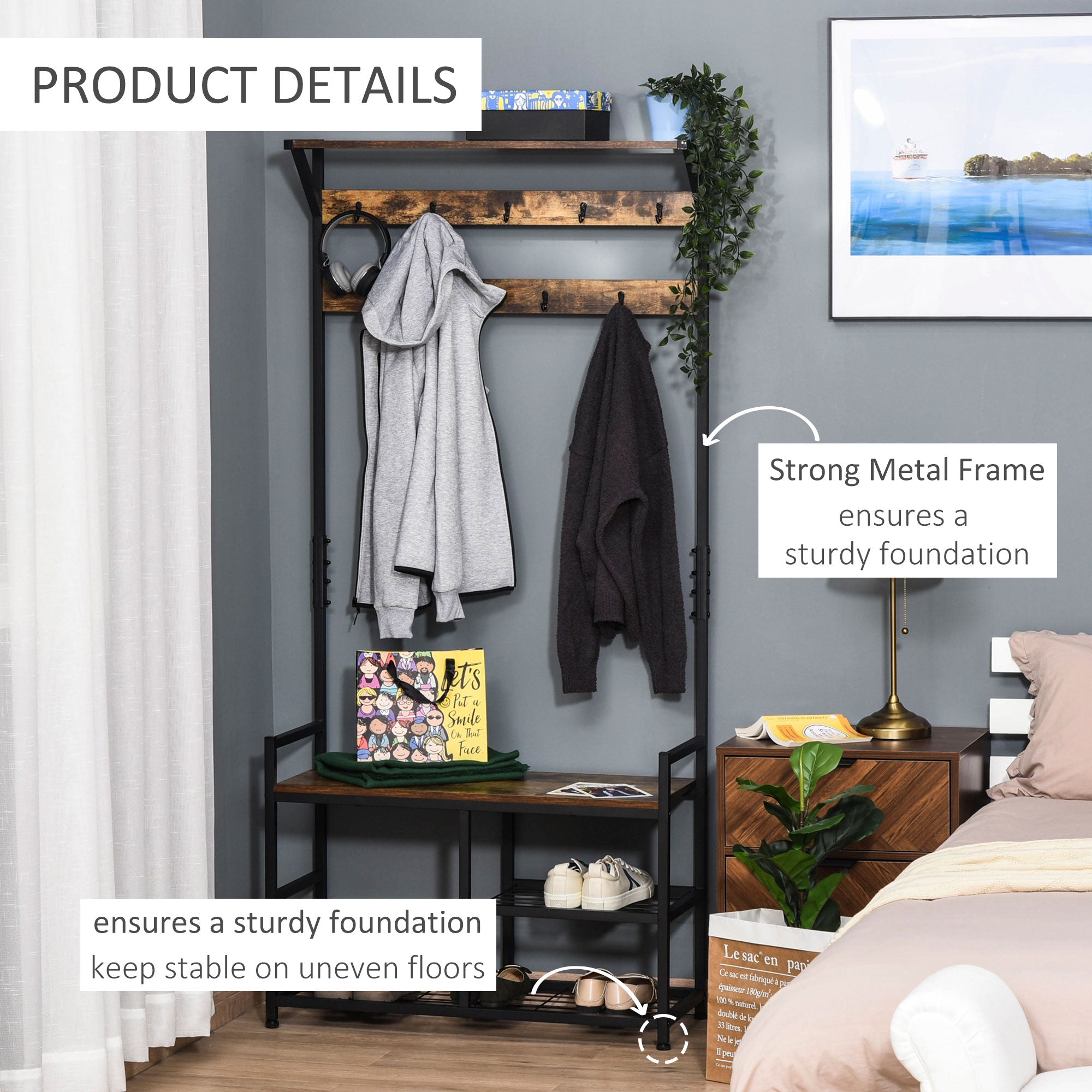 HOMCOM Coat Rack Stand Shoe Storage Bench with 9 Hooks Shelves for Bedroom Living Room Entryway Brown and Black 180cm 