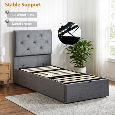HOMCOM Single Bed Frame Gas Side Lift Under Bed Storage Upholstered Platform Bed Tufted Headboard for 90 x 190 cm Mattress 