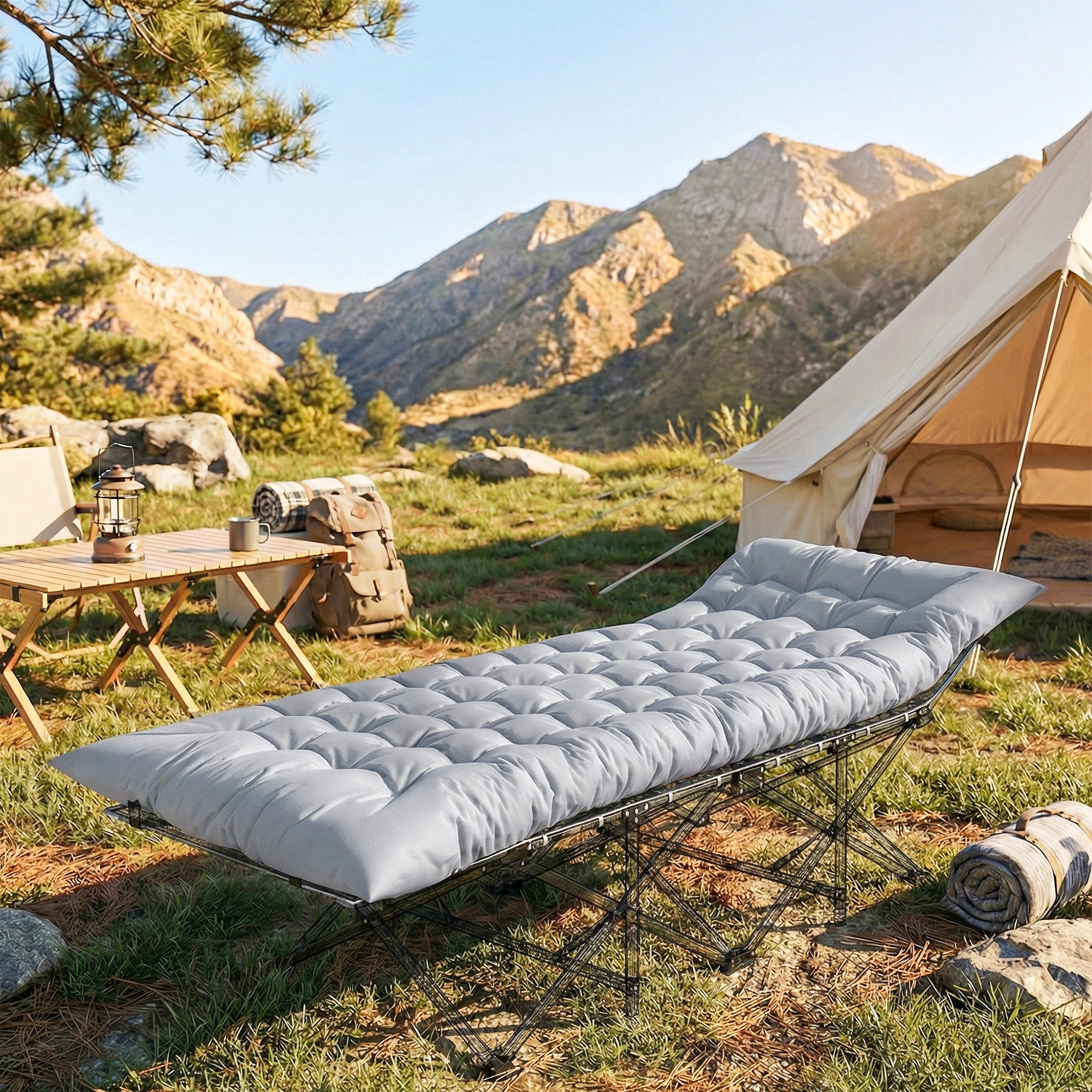 Outsunny Sleeping Mat, Foldable Camping Mattress Pad with Elastic Straps, Light Grey 