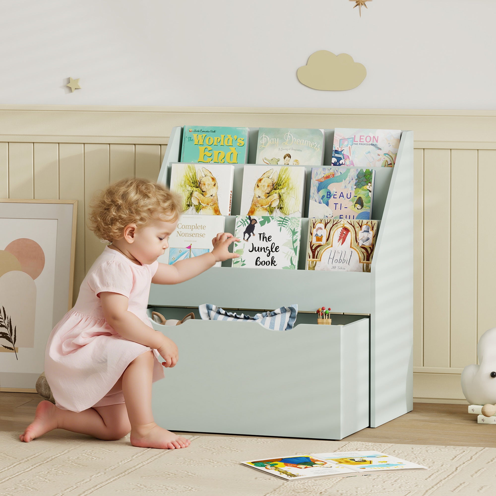 AIYAPLAY Bookcase for Kids with Shelves, Drawer, Bookcase for Bedroom, Playroom, Green 