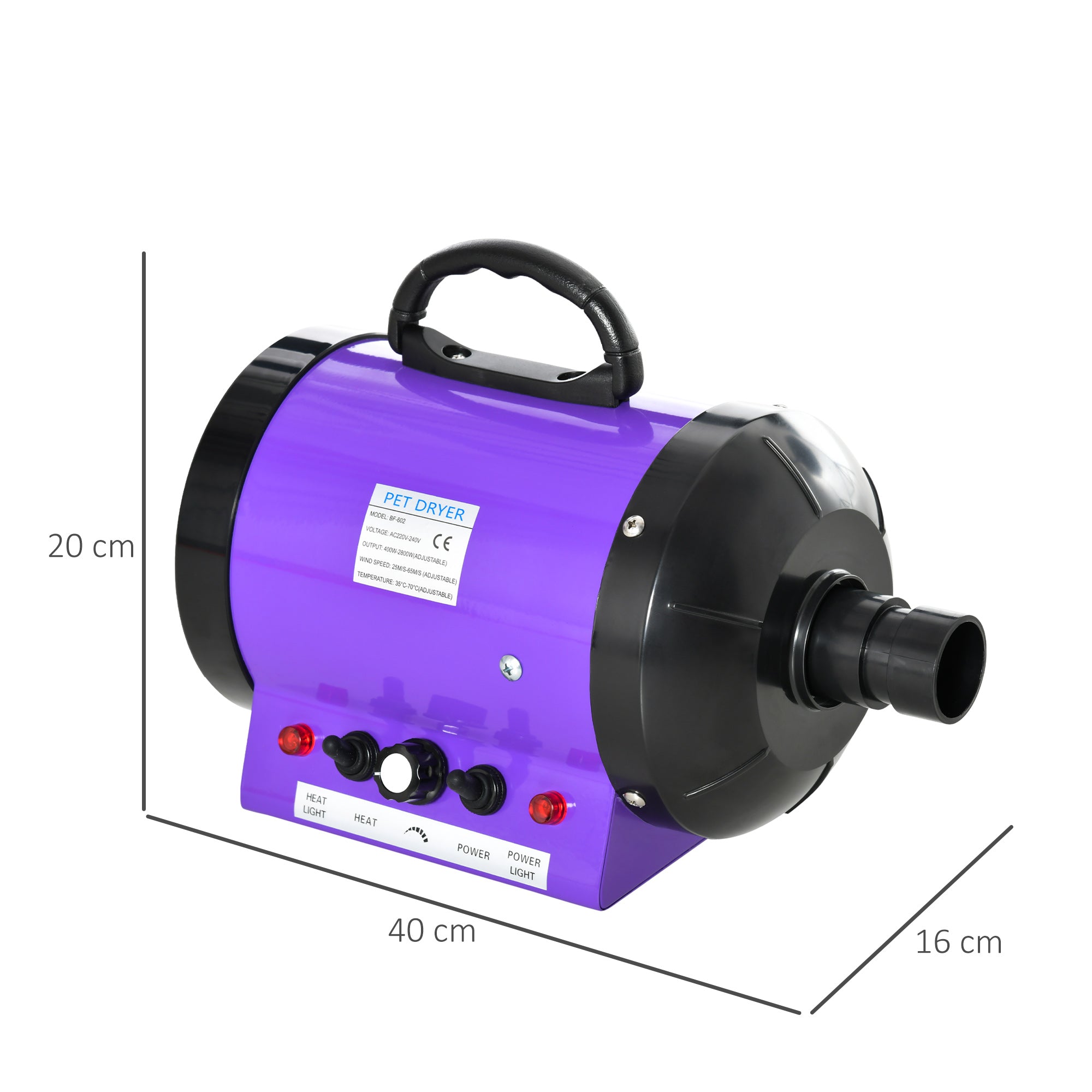 PawHut 2800W Dog Hair Dryer Pet Grooming Blaster Water Blower Dryer w/ 3 Nozzles, Purple 