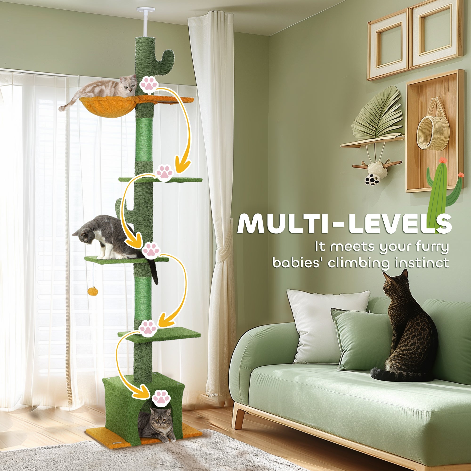 PawHut 230-275cm Floor-to-Ceiling Adjustable Cat Tree with Scratching Posts, Hammock 