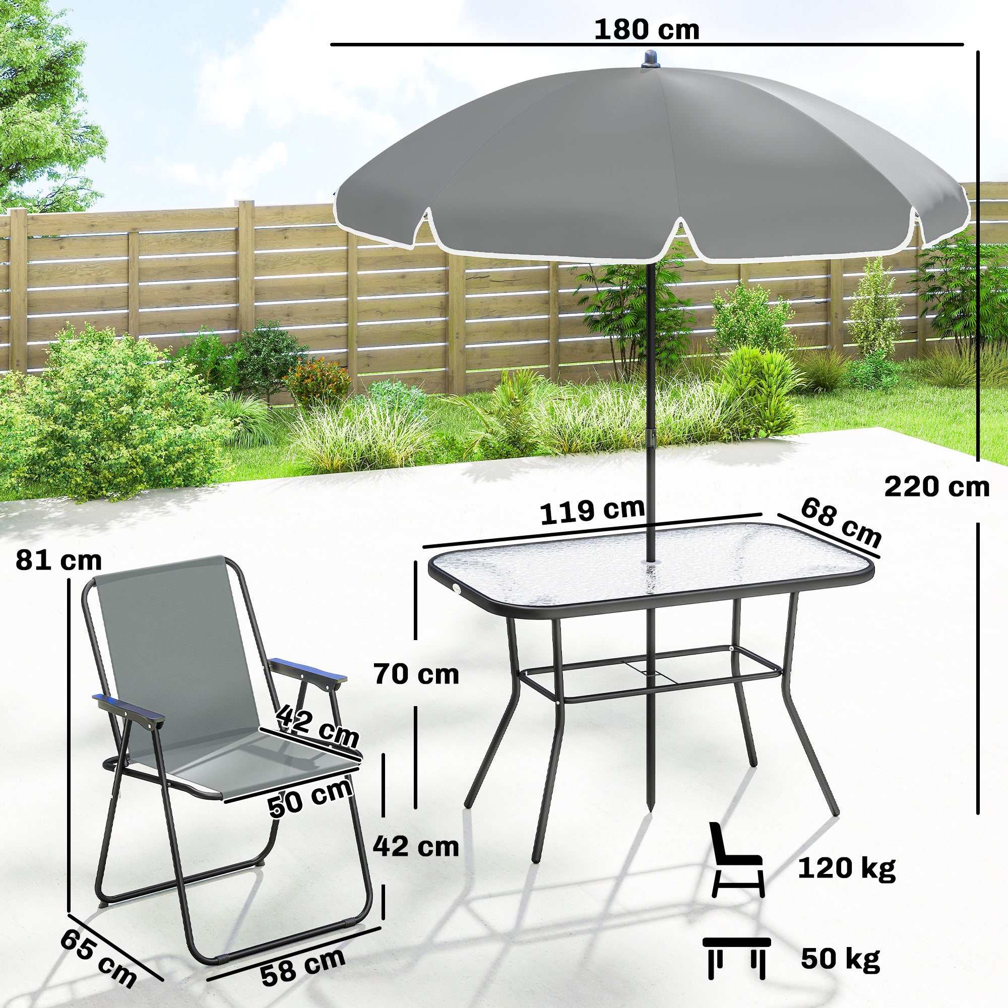 Outsunny 8 Piece Garden Dining Set with Umbrella, Garden Furniture Set with 6 Folding Chairs, Tempered Glass Table for Patio Grey 