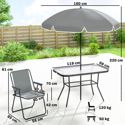 Outsunny 8 Piece Garden Dining Set with Umbrella, Garden Furniture Set with 6 Folding Chairs, Tempered Glass Table for Patio Grey 