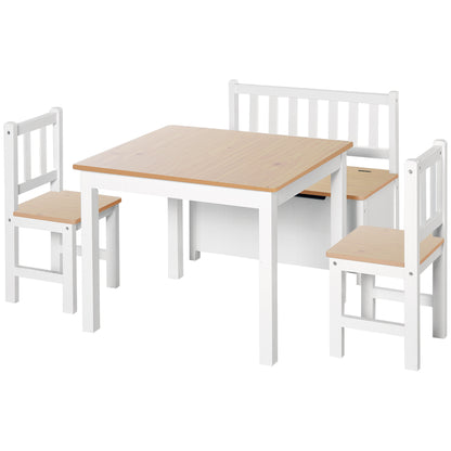 HOMCOM 4-Piece Kids Table and Chair Set with 2 Wooden Chairs, 1 Storage Bench, and Interesting Modern Design, Beige/White 
