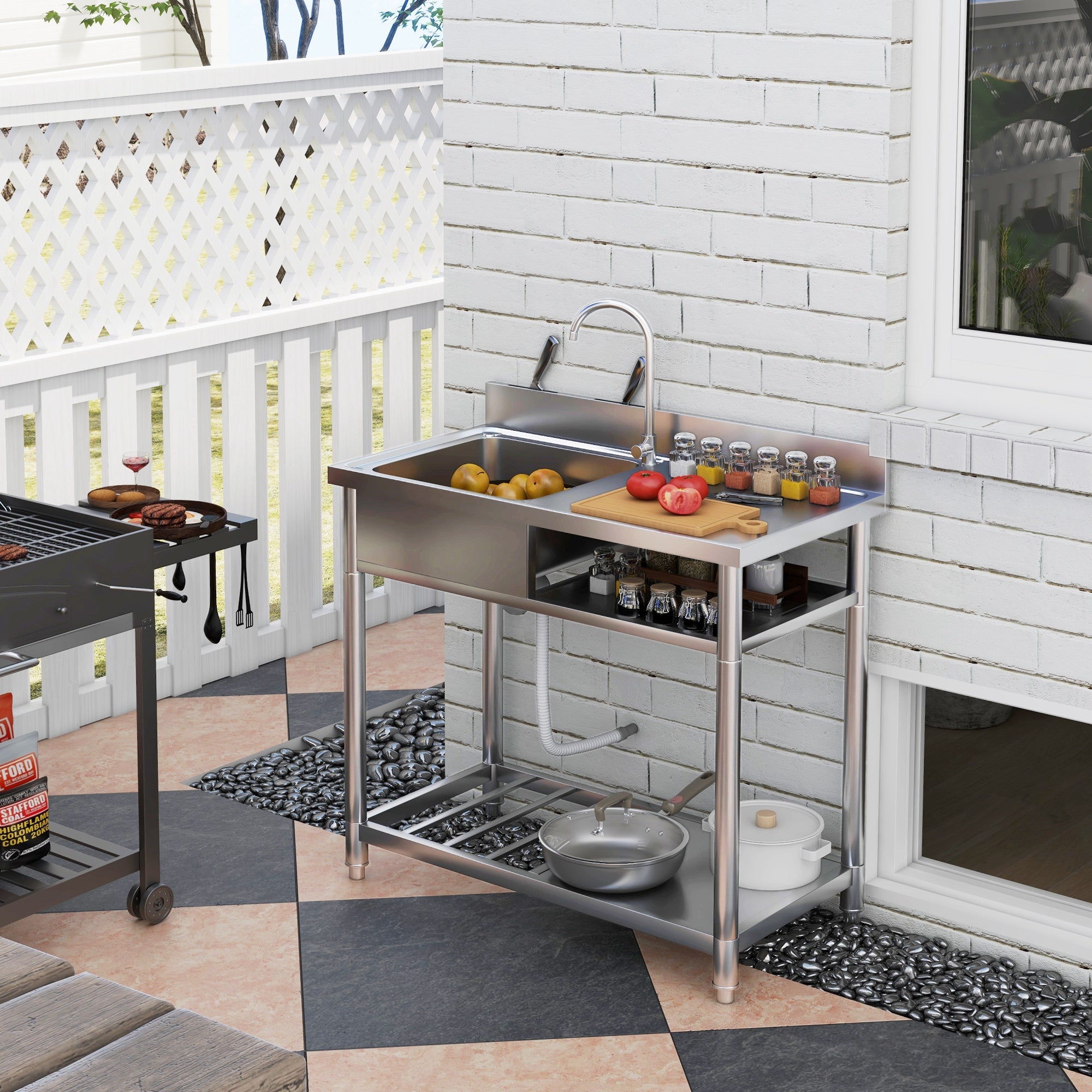 HOMCOM Outdoor Stainless Steel Kitchen Sink, Freestanding Sink Single Bowl with Cold and Hot Water Pipe and Storage Shelves 