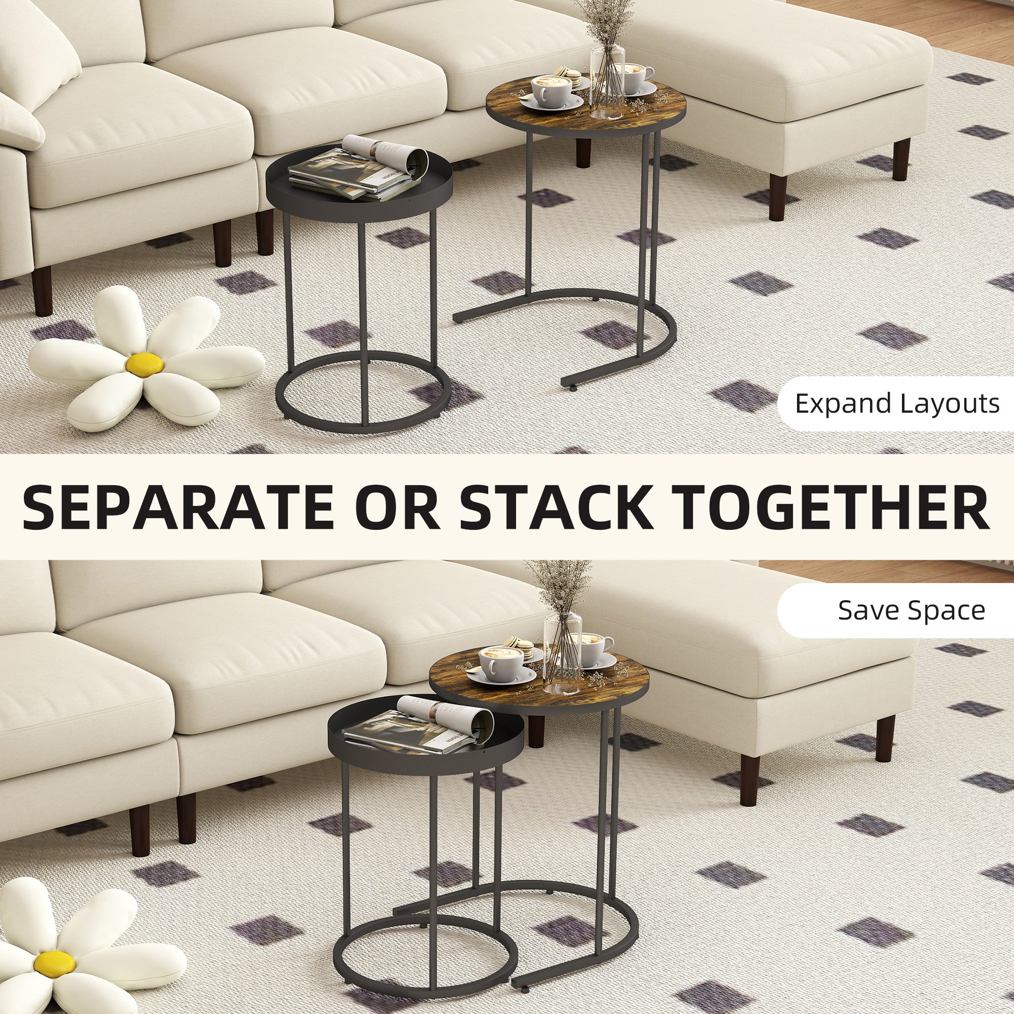 HOMCOM Set of Two Industrial Nesting Tables - Brown/Black 