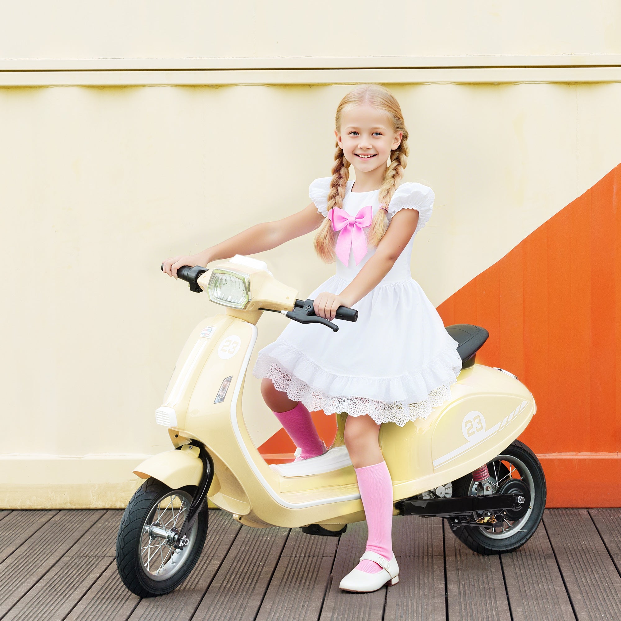 AIYAPLAY 24V Kids Electric Motorbike, Ride on Motorcycle with Manual Throttle, Brakes and LED Lights for Ages 8-12 Years, Beige 