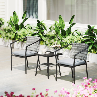 Outsunny 3 Pieces Rattan Bistro Set with Cushions, Wicker Garden Furniture Set, Glass Top Coffee Table and Chairs for Outdoor Patio, Balcony, Terrace and Conservatory, Grey 