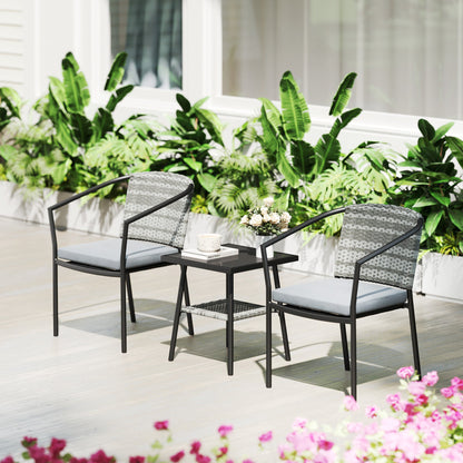 Outsunny 3 Pieces Rattan Bistro Set with Cushions, Wicker Garden Furniture Set, Glass Top Coffee Table and Chairs for Outdoor Patio, Balcony, Terrace and Conservatory, Grey 