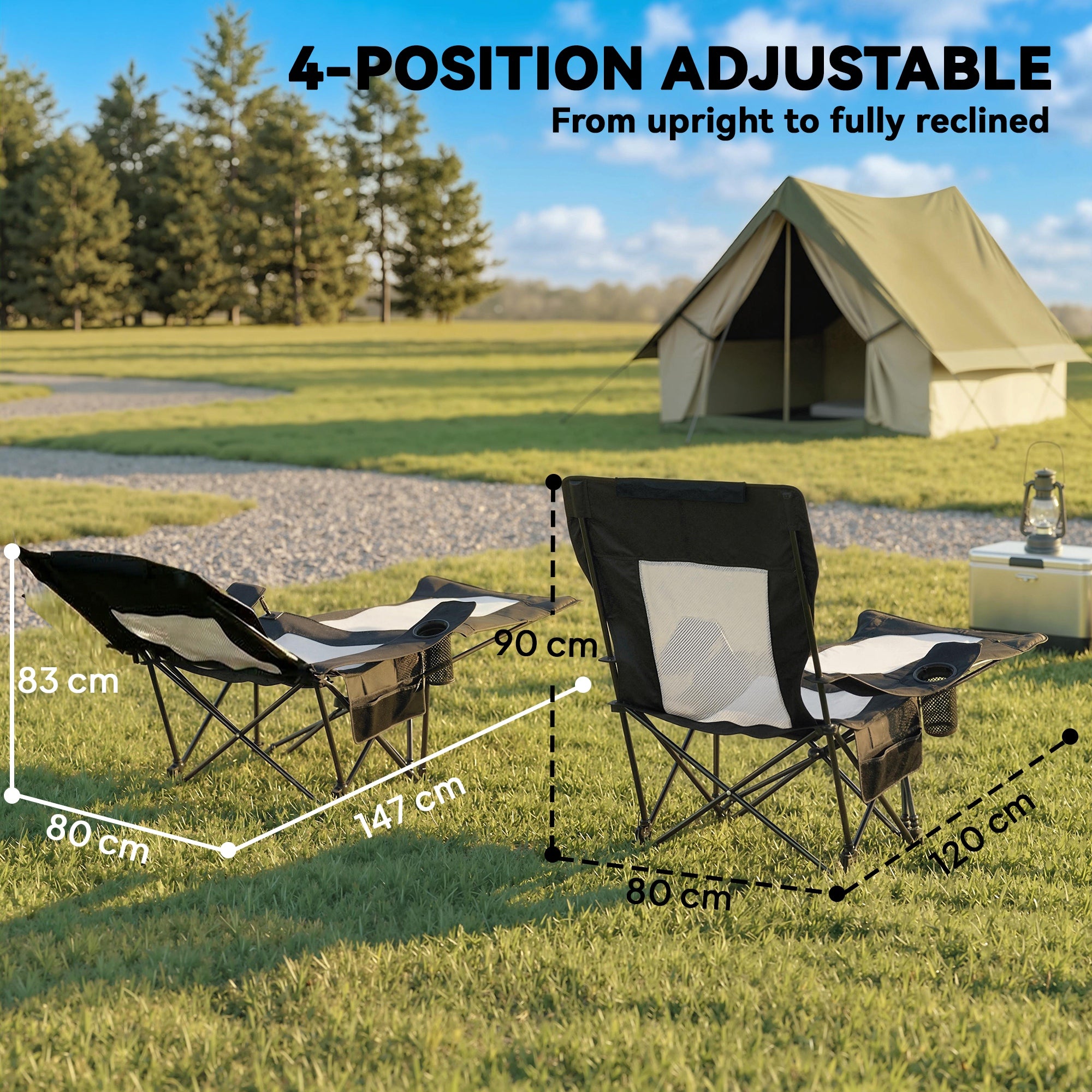Outsunny Camping Chair Reclining Portable Camp Chair with Detachable Footrest Cup Holder Black 